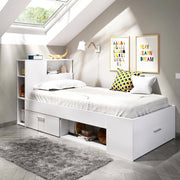 Letto per bambini Adrielle, Lettino per cameretta con testiera, Struttura per letto singolo con cassetto e scaffali, 218x99h96 cm, Bianco