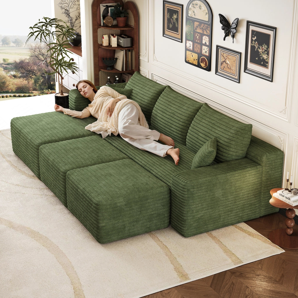 Divano angolare modulare senza montaggio in velluto a coste, seduta profonda e design minimal, verde