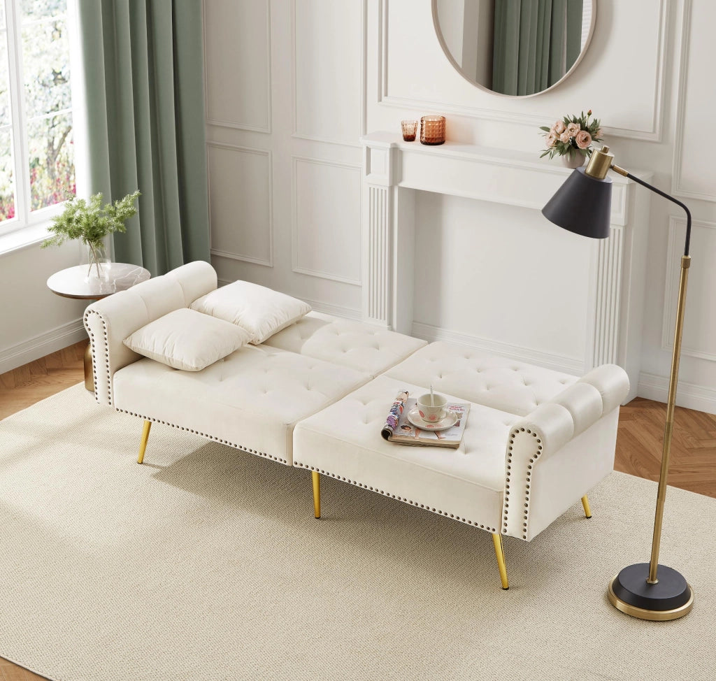 OKWISH Divano letto 2 posti, doppio schienale regolabile in 3 posizioni con 2 cuscini e spazio inferiore, Velluto Beige