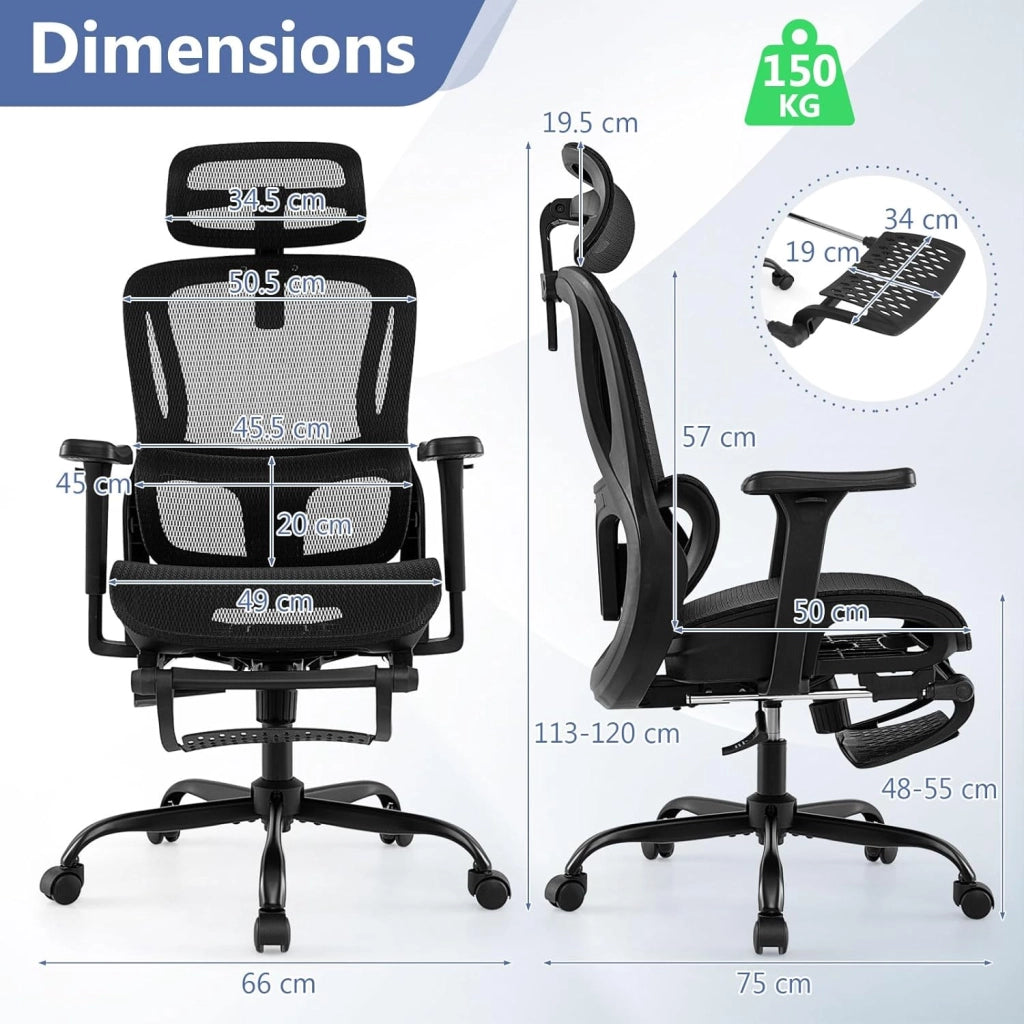 Sedia da ufficio girevole con 5 ruote, schienale reclinabile e altezza regolabile, poggiapiedi retrattile, supporto lombare e poggiatesta, sedia da gaming in rete ergonomica (nero)