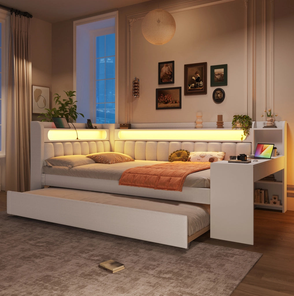 Letto da giorno imbottito 140x200 cm con LED, USB e scrivania
