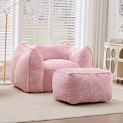Pouf lounge ergonomico con schienale avvolgente e poggiapiedi per soggiorno e camera da letto in finta pelliccia rosa