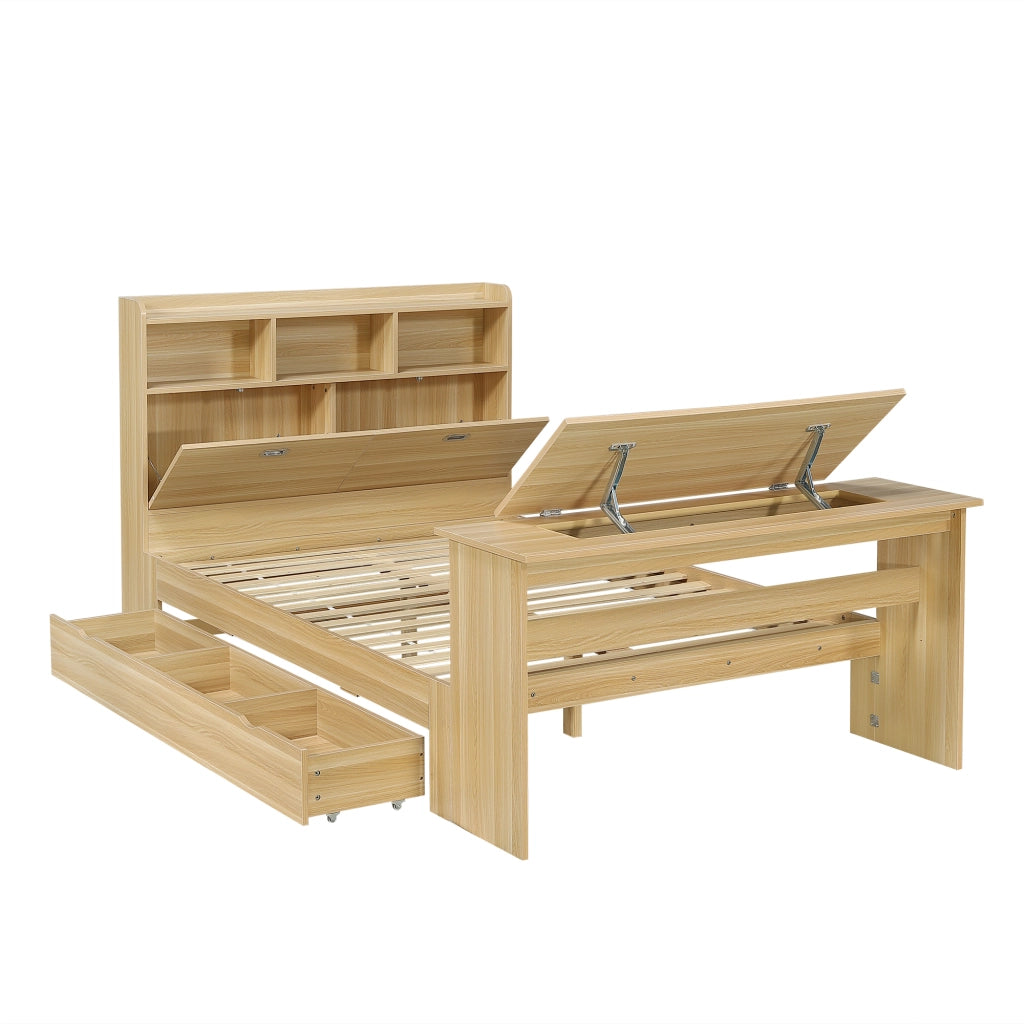 Letto con Cassetti 140 x 200 cm - Testiera con Mensole; Tavolo Pieghevole e Cassetto