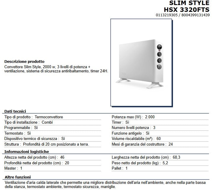 TERMOCONVETTORE A PAVIMENTO DELONGHI HSX 3320FTS – SLIM STYLE