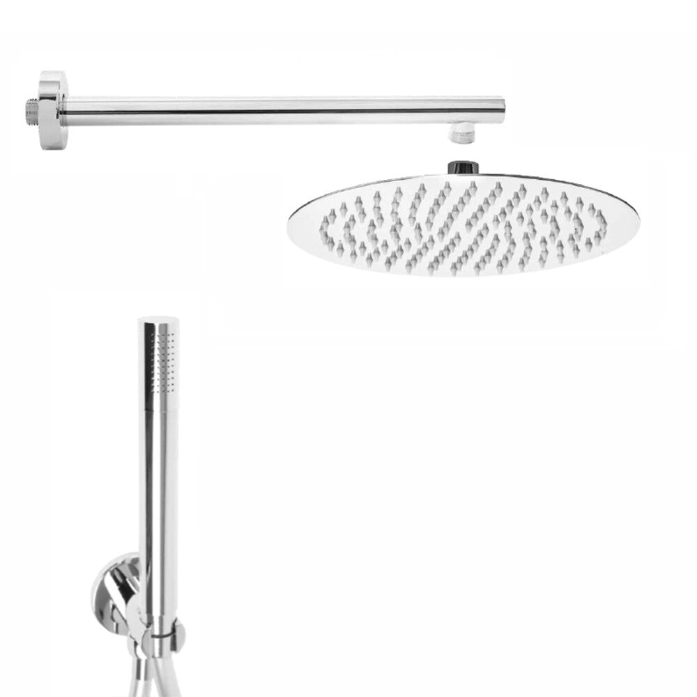 Set doccia completo con soffione tondo slim diametro 20 cm braccio e kit doccino in ottone cromo lucido