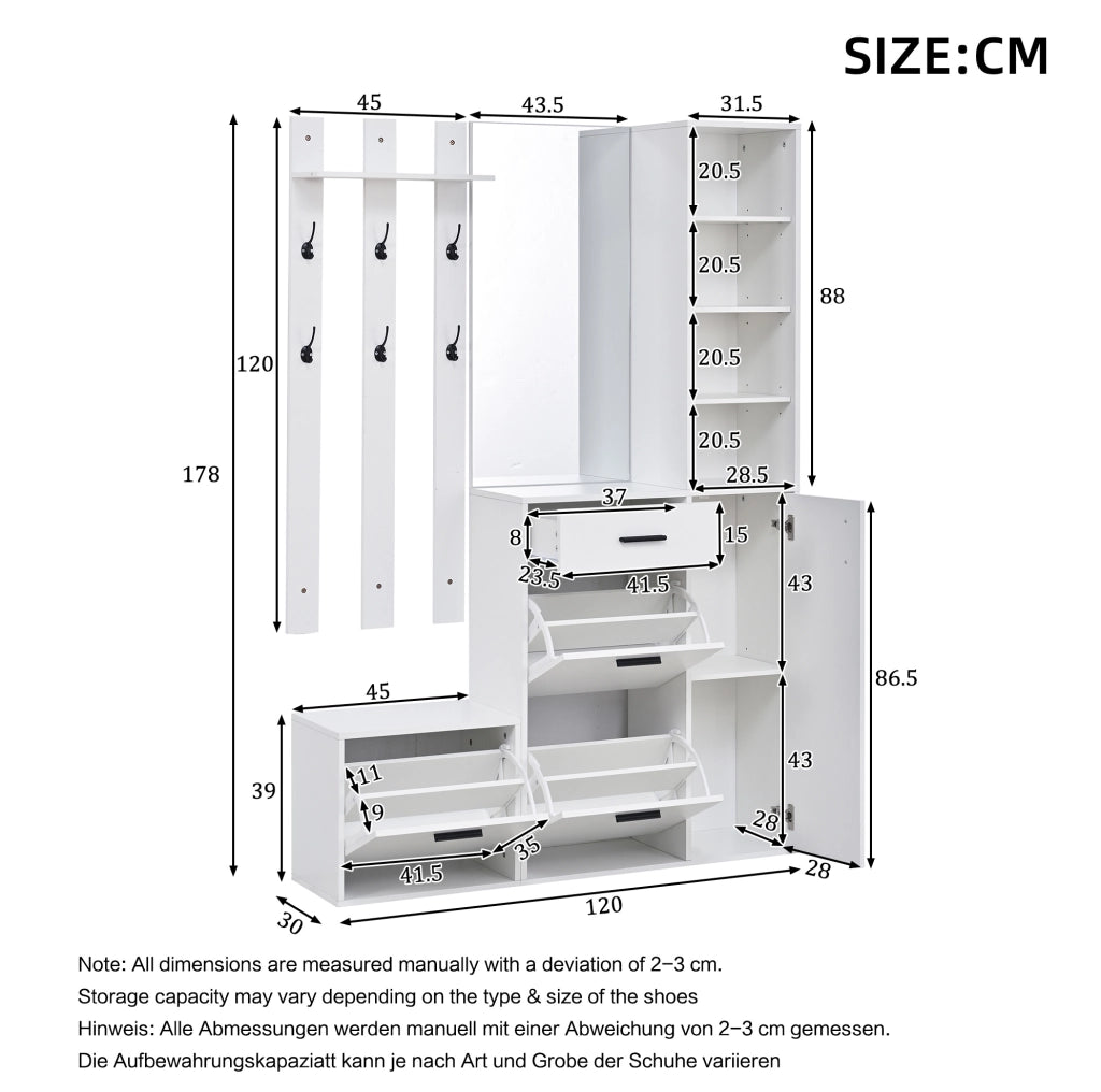 Mobile da ingresso con scarpiera; specchio e appendiabiti 120x30x178 cm in MDF e truciolare bianco
