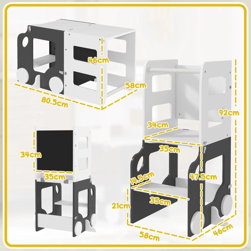 Scala Montessori 4 in 1 per Bambini con 2 Lavagne e Set Tavolo e Sedia, in Legno, 58x46x92 cm, Bianco