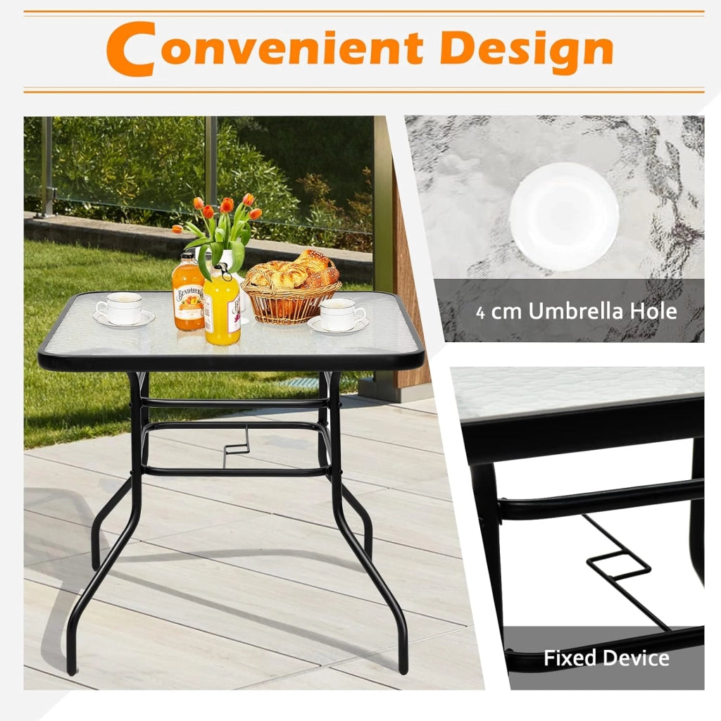 Tavolino in Vetro, con Foro di 40 mm per Ombrellone, 2 Anelli di Fissaggio, Tavolino Multiuso da Esterno, Giardino, Cortile, Balcone, Portata di 80 kg, 81x81x71 cm (Quadrato)
