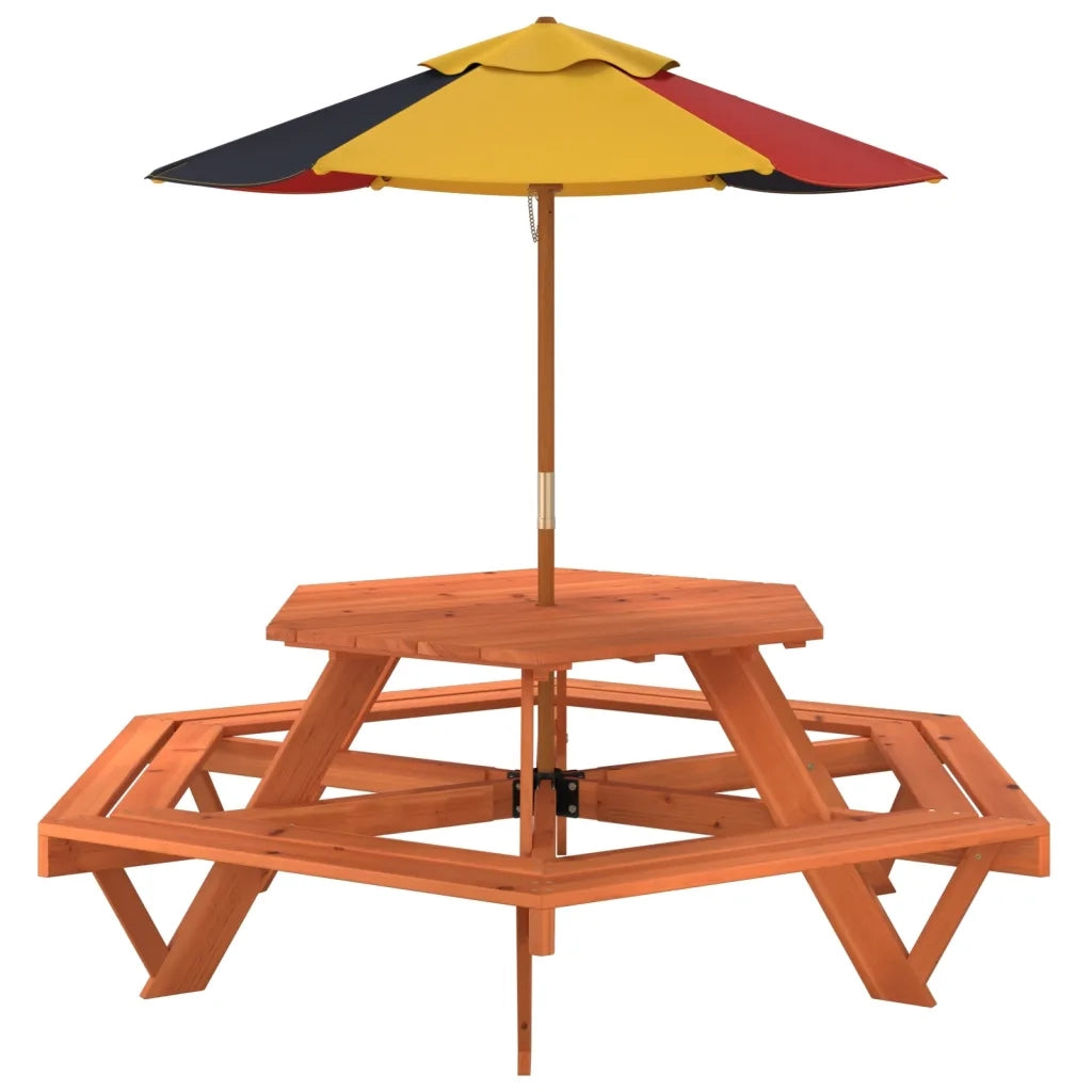 Tavolo Picnic per 6 Bambini con Ombrellone Esagono Legno Abete 3281627