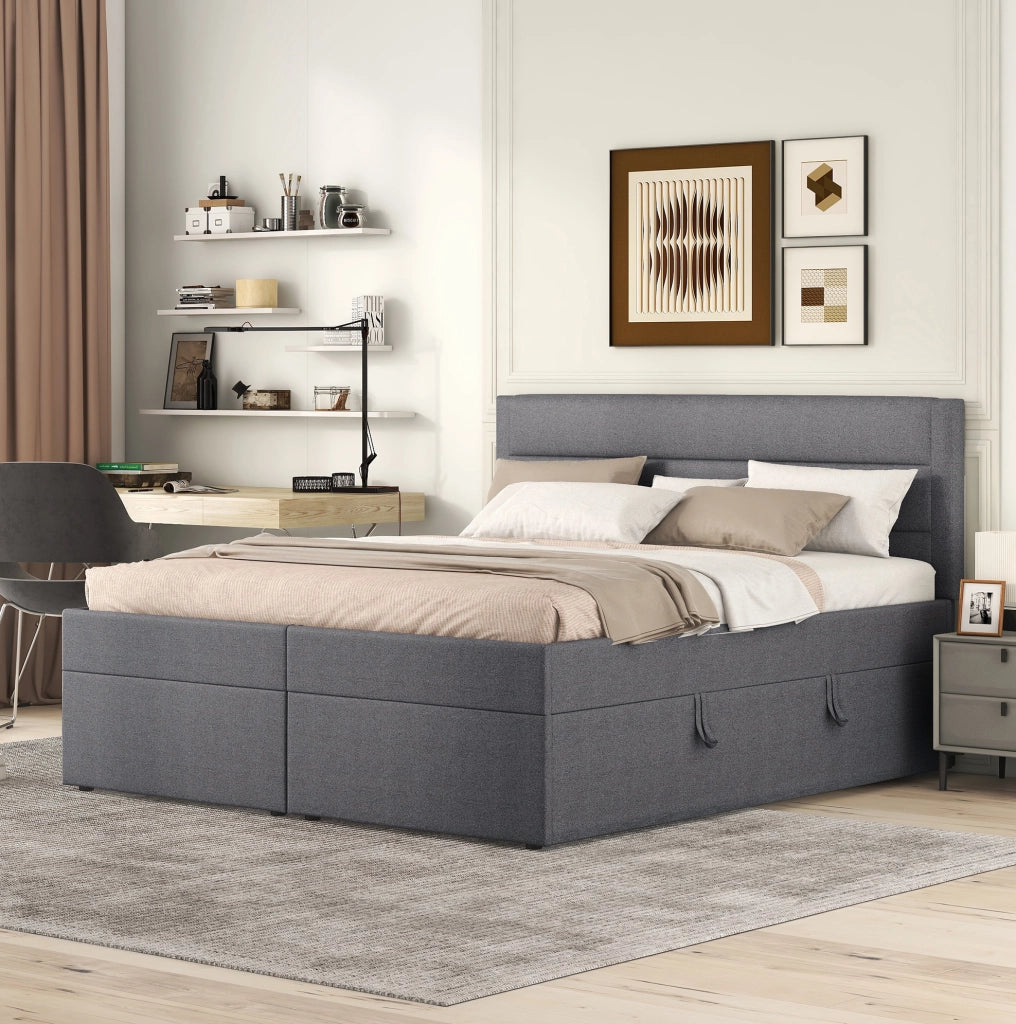Letto matrimoniale imbottito 140x200 cm con contenitore; struttura in legno e MDF; grigio