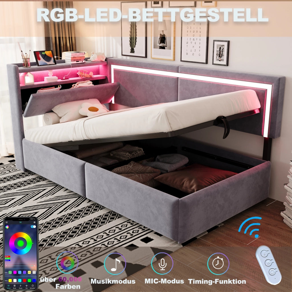Divano letto imbottito con contenitore sotto il letto, LED e porte USB in velluto grigio chiaro 90 × 200 cm