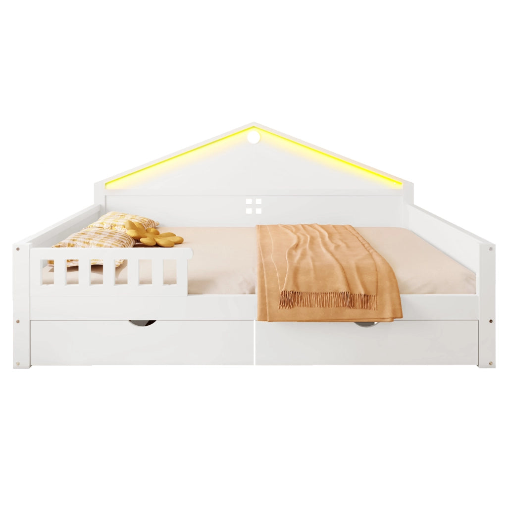 Letto singolo multifunzione 140x200 cm con LED e 2 cassetti; bianco; legno massiccio e MDF