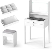 Toeletta 3 in 1 con sgabello imbottito, tavolo da trucco con specchio, luci LED a 3 colori, 2 cassetti, ripiano aperto, piano in vetro, toeletta compatta con presa di corrente (bianco)