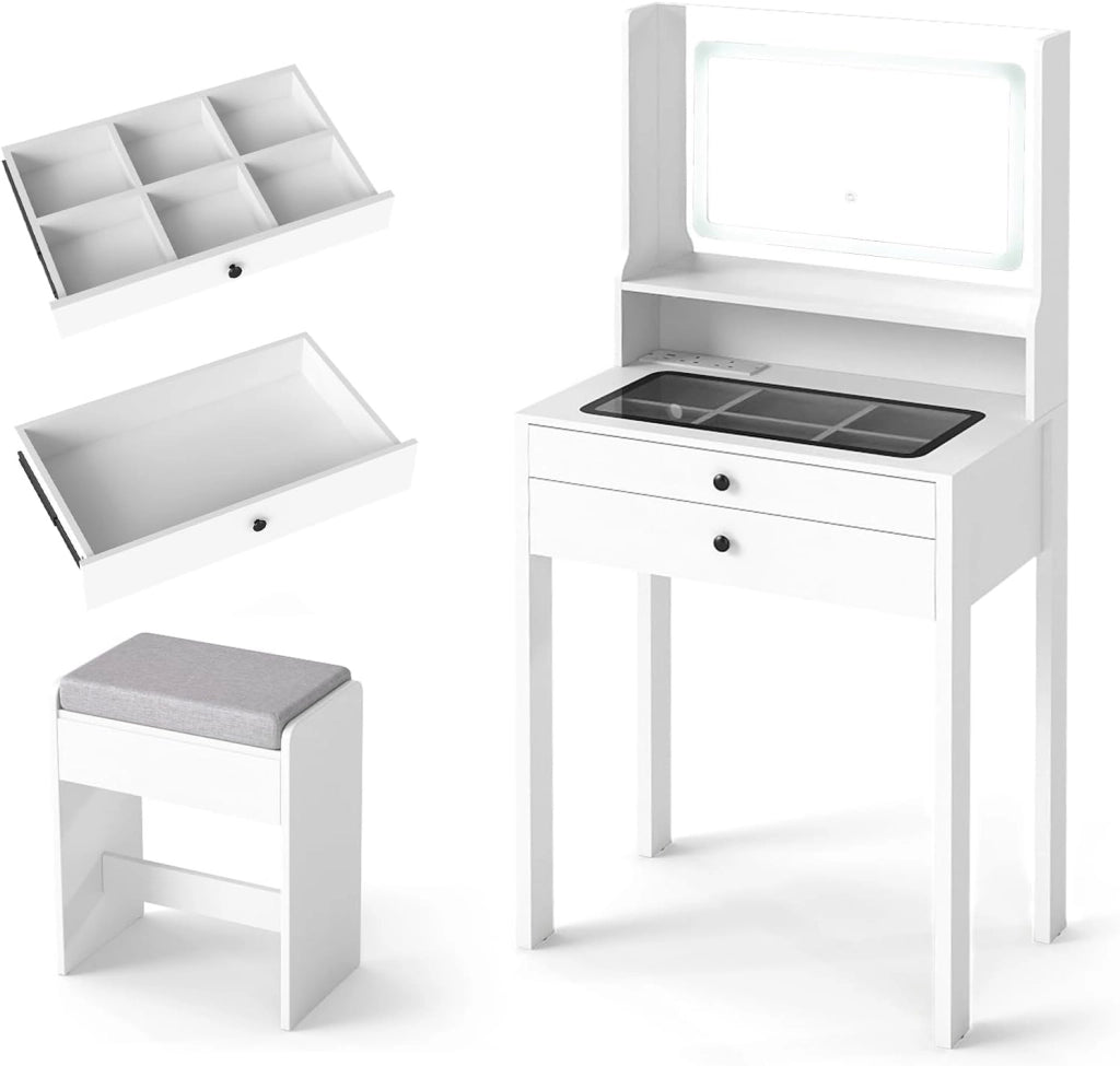 Toeletta 3 in 1 con sgabello imbottito, tavolo da trucco con specchio, luci LED a 3 colori, 2 cassetti, ripiano aperto, piano in vetro, toeletta compatta con presa di corrente (bianco)