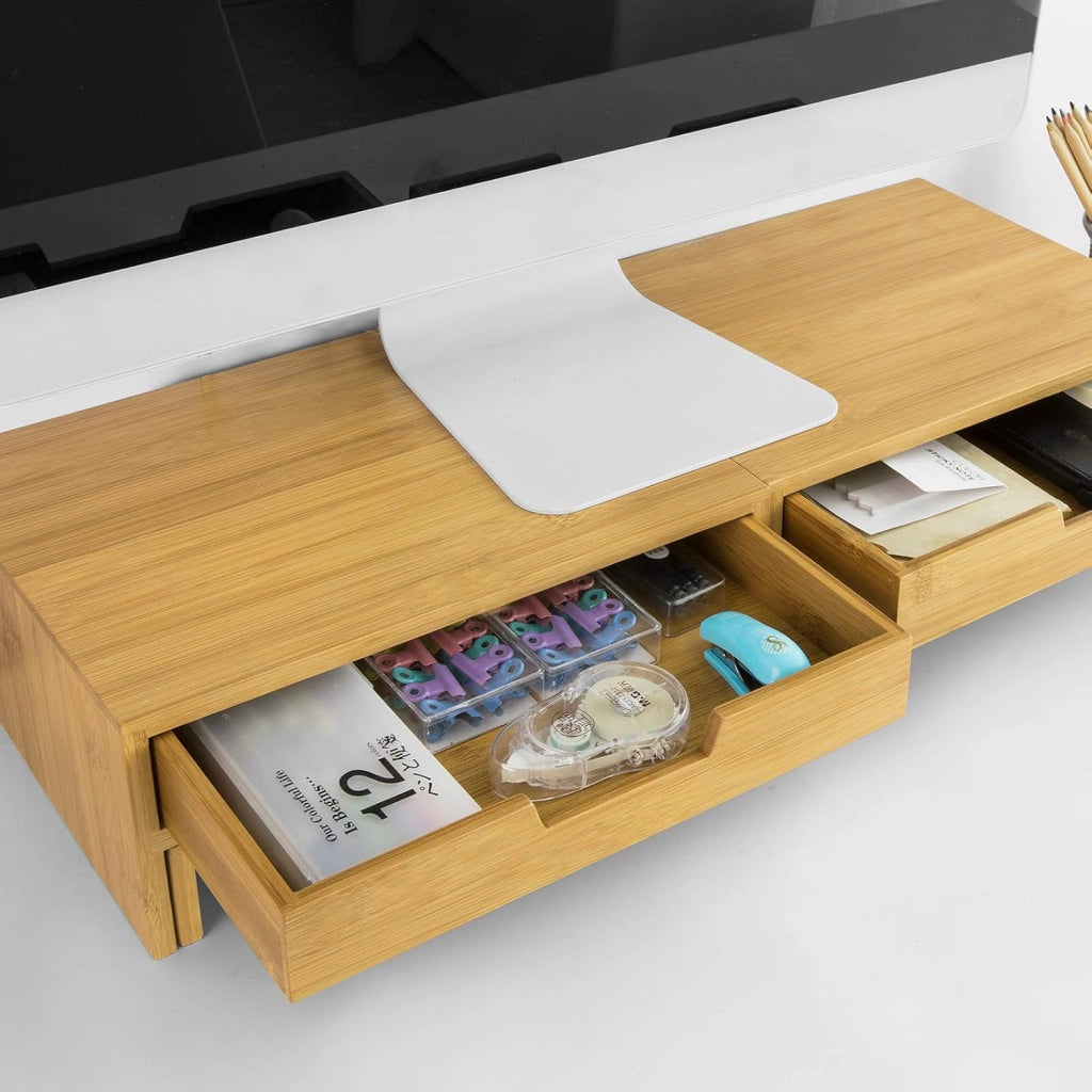 Supporto monitor pc da scrivania per 2 monitors angoli girevole con 2 cassetti e gomma antiscivolo in legno massello di bambù BBF04-N