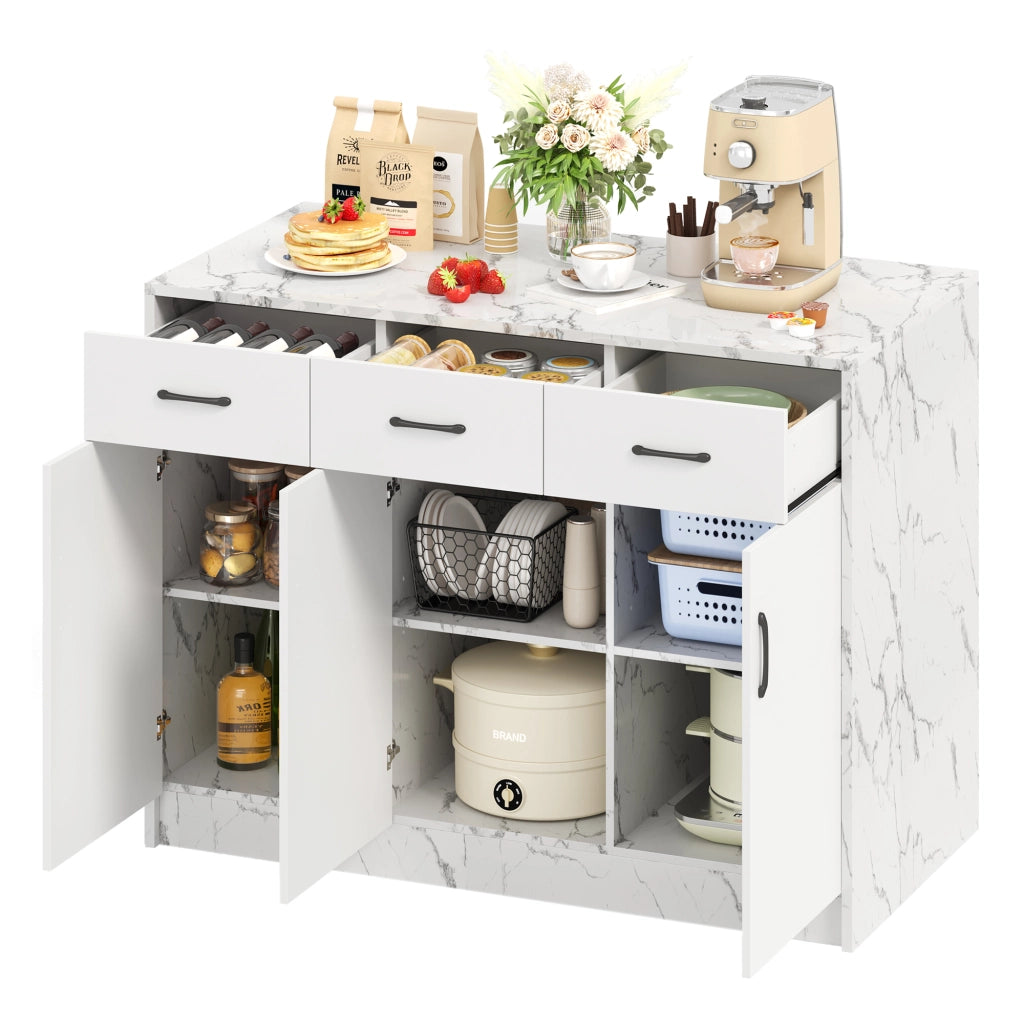Isola da Cucina Fissa 120x60x90,5 cm Bianca Effetto Marmo con 3 Cassetti, 3 Ante e Zona Bar