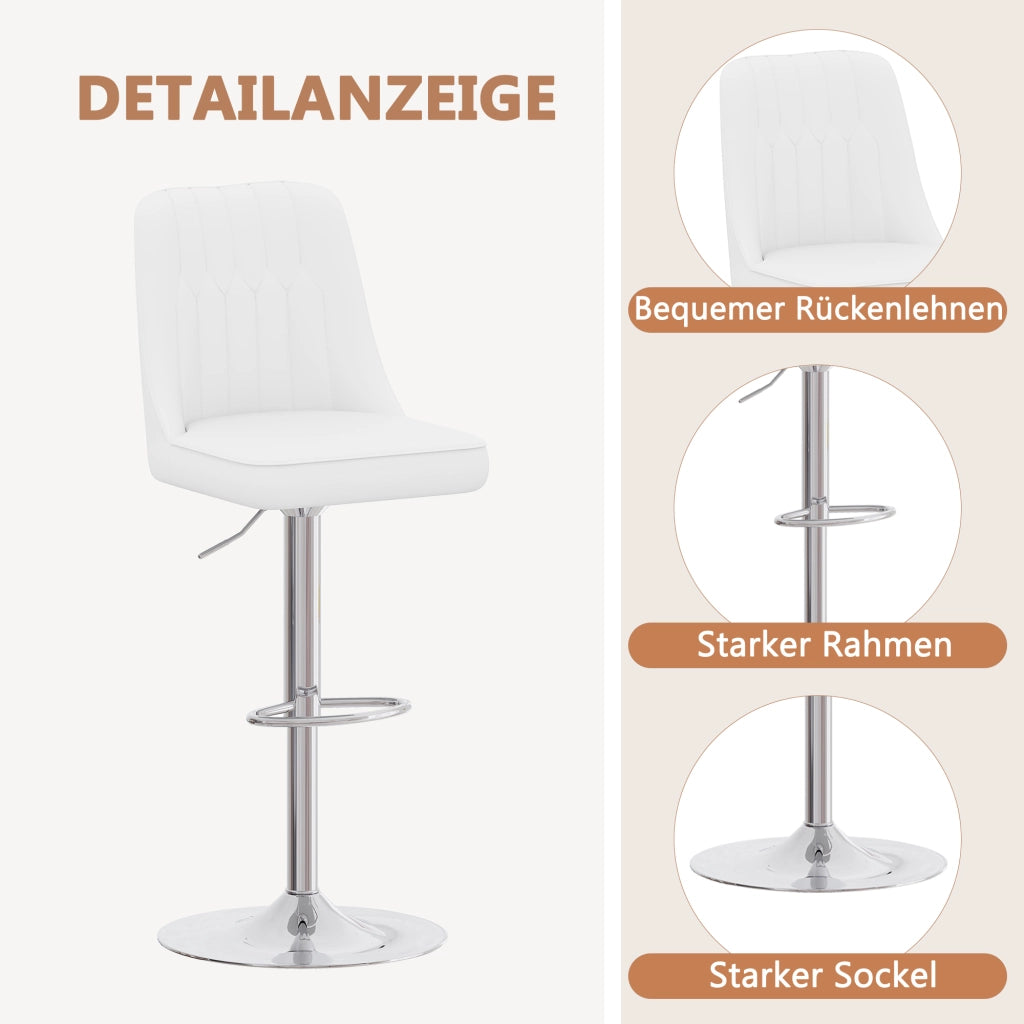 Sgabello da bar set da 2 girevole a 360° regolabile in altezza con schienale in pu e base in metallo bianco e argento