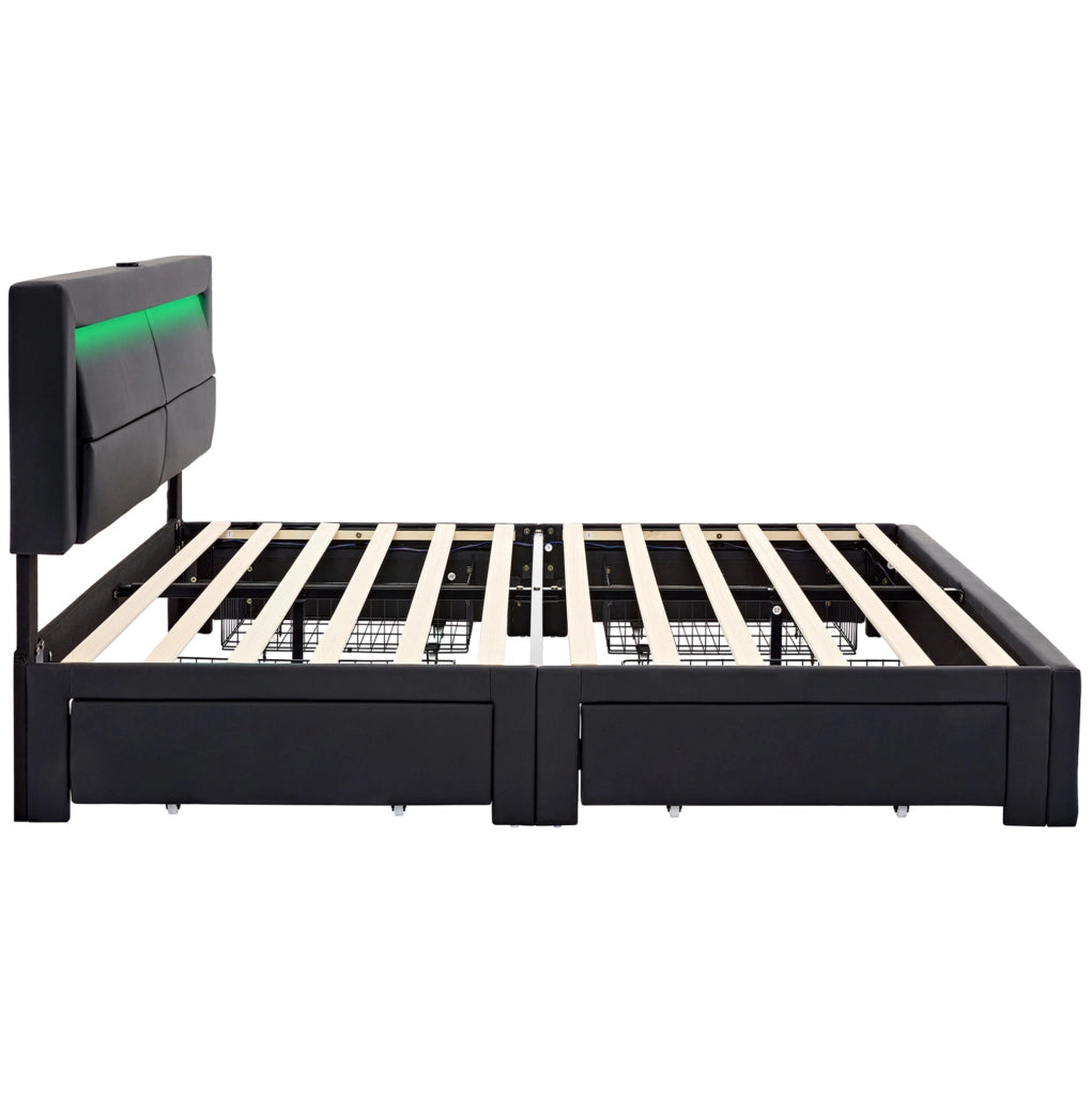 Letto imbottito 140x200 cm con LED; ricarica USB e wireless; 4 cassetti; similpelle nera