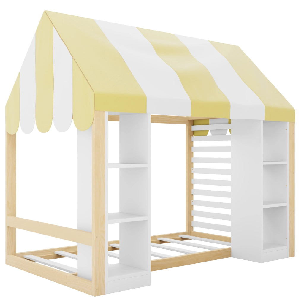 Letto bambini 90x200 cm con baldacchino e vani portaoggetti; bianco e colore naturale