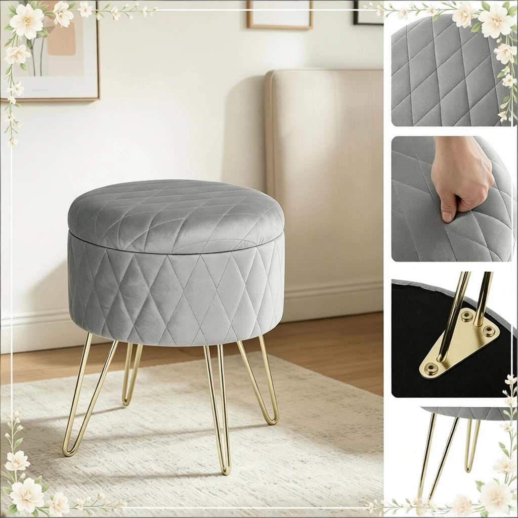 Pouf contenitore rotondo in velluto con seduta imbottita e struttura in metallo grigio chiaro 31,5 × 31,5 × 36 cm