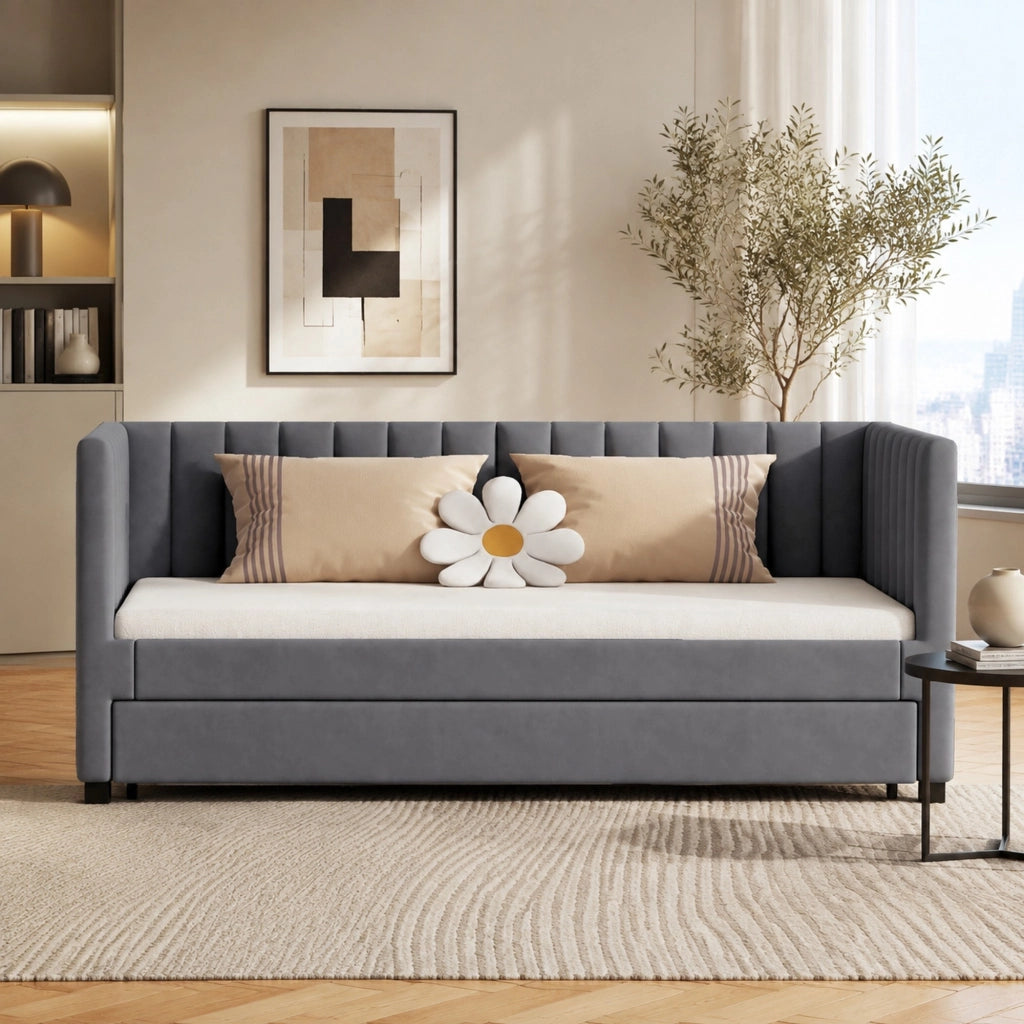 LETTO Estraibile 90x200 cm in velluto grigio con rete a doghe