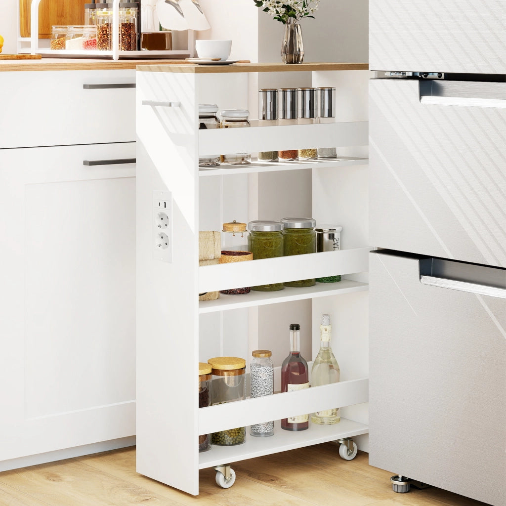 Carrello da cucina 4 ripiani con stazione di ricarica maniglia e parapetti, Carrello stretto a sfilo con ruote bloccabili per cucina lavanderia Bianco e naturale 20cm