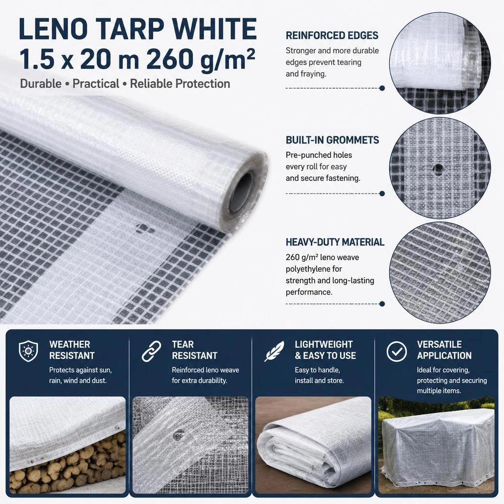 Leno Tarpaulin, White, 1.5 X 20 M, 260 G/square Meter