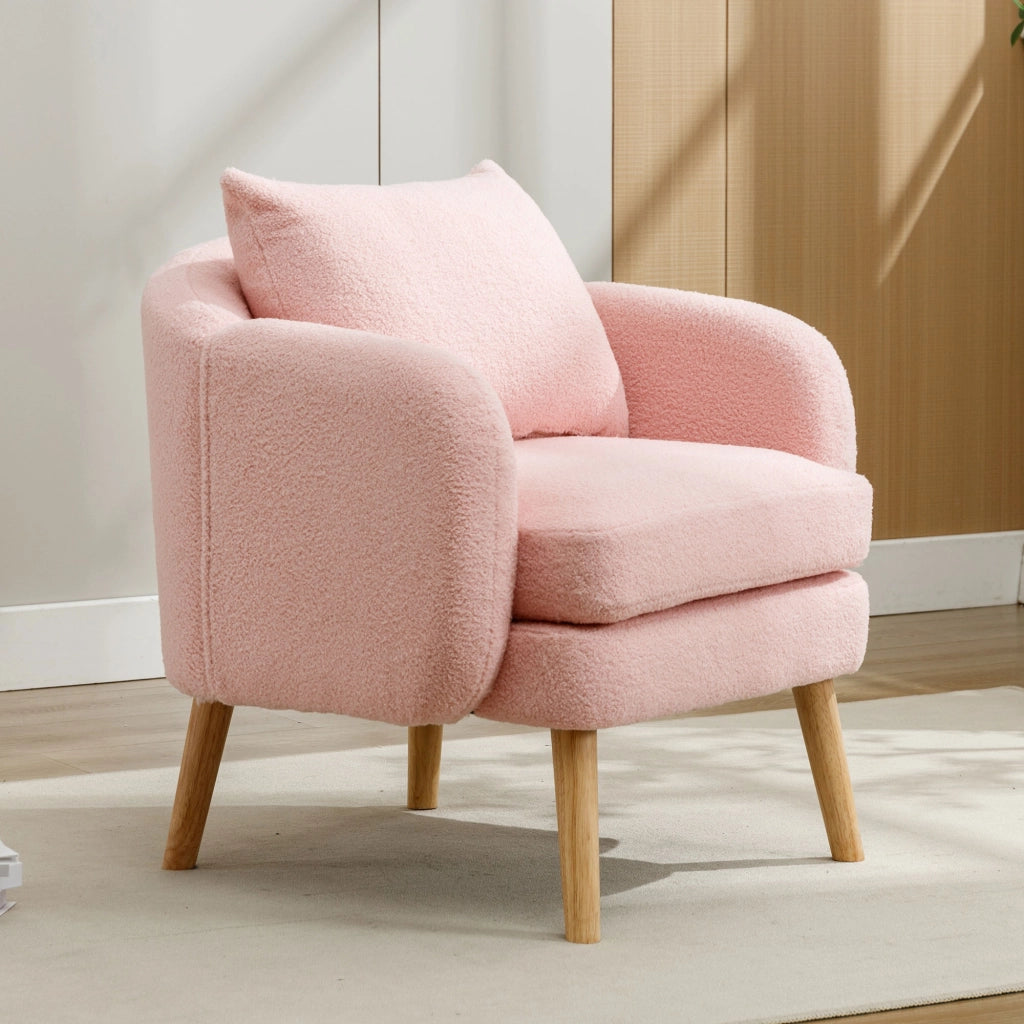 Poltrona in tessuto teddy con cuscino lombare e seduta spessa 14 cm in legno massello rosa per relax quotidiano