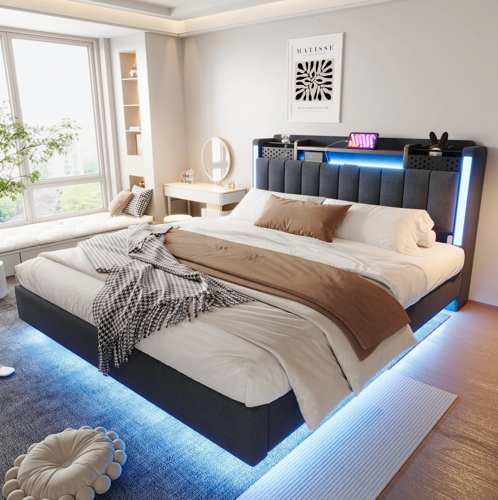 Letto imbottito 160x200 cm; testiera con USB e LED; contenitore; tessuto grigio (Senza materasso)