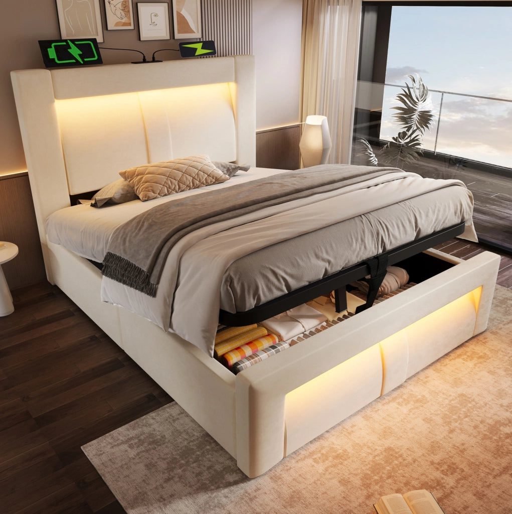 Letto singolo 90x200 con contenitore LED USB-C e materasso beige
