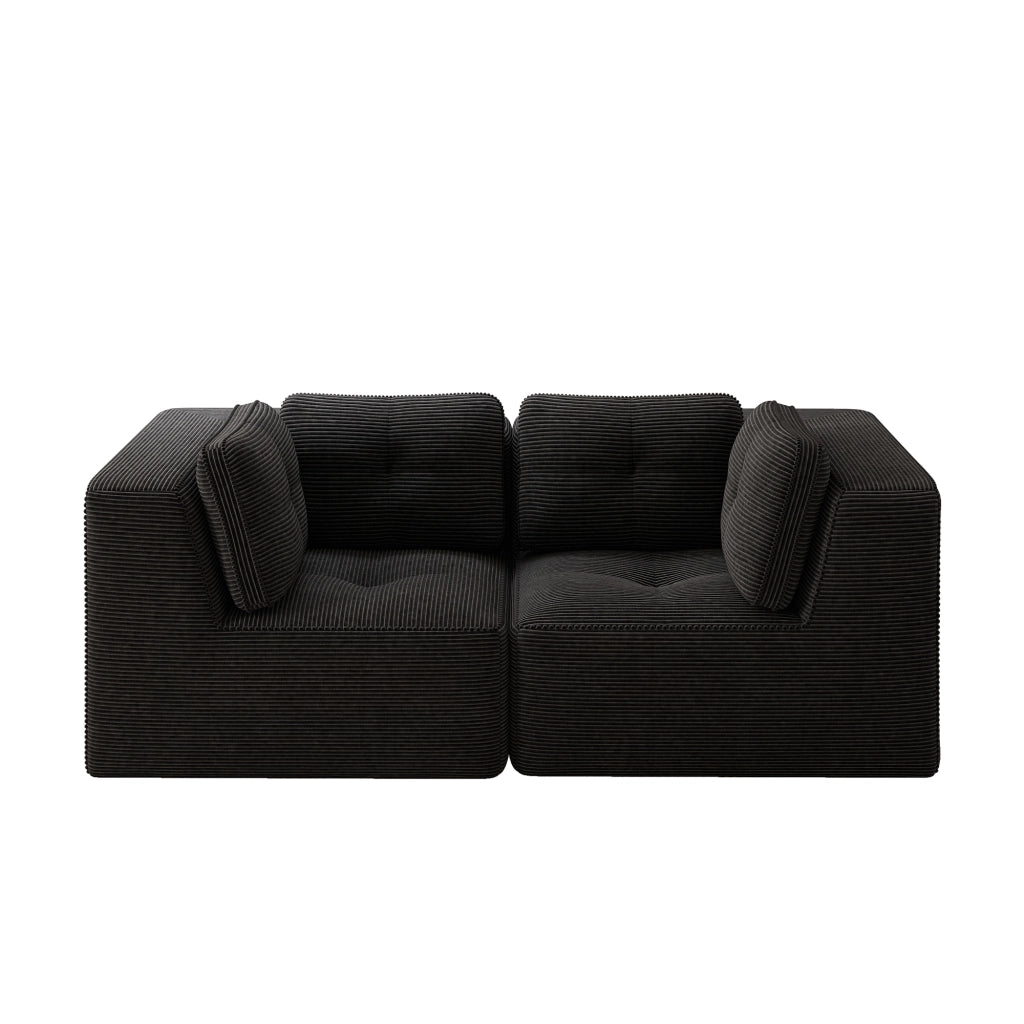 Divano angolare modulare senza struttura, rivestimento in corduroy nero, design salvaspazio per soggiorno e camera