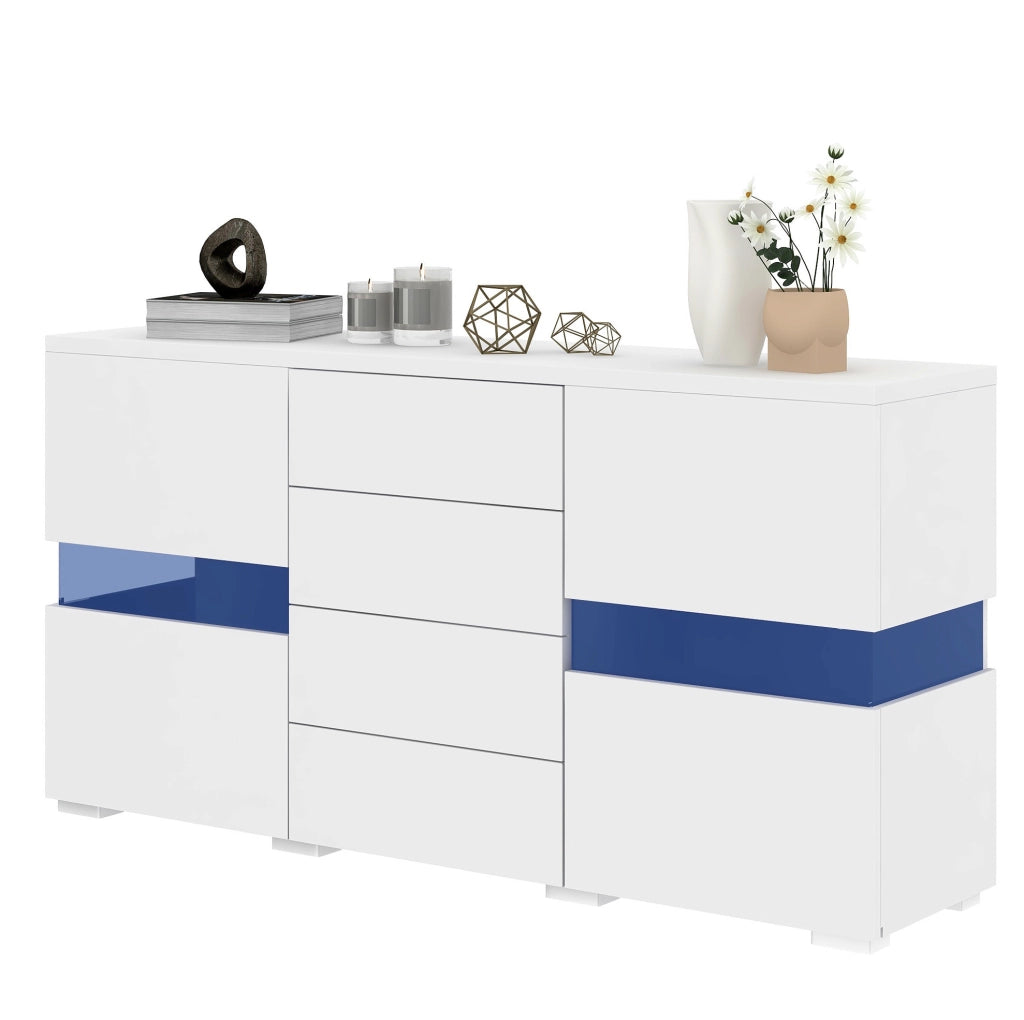 Credenza 140x35x72 cm bianca in MDF, 4 cassetti e LED controllati da app