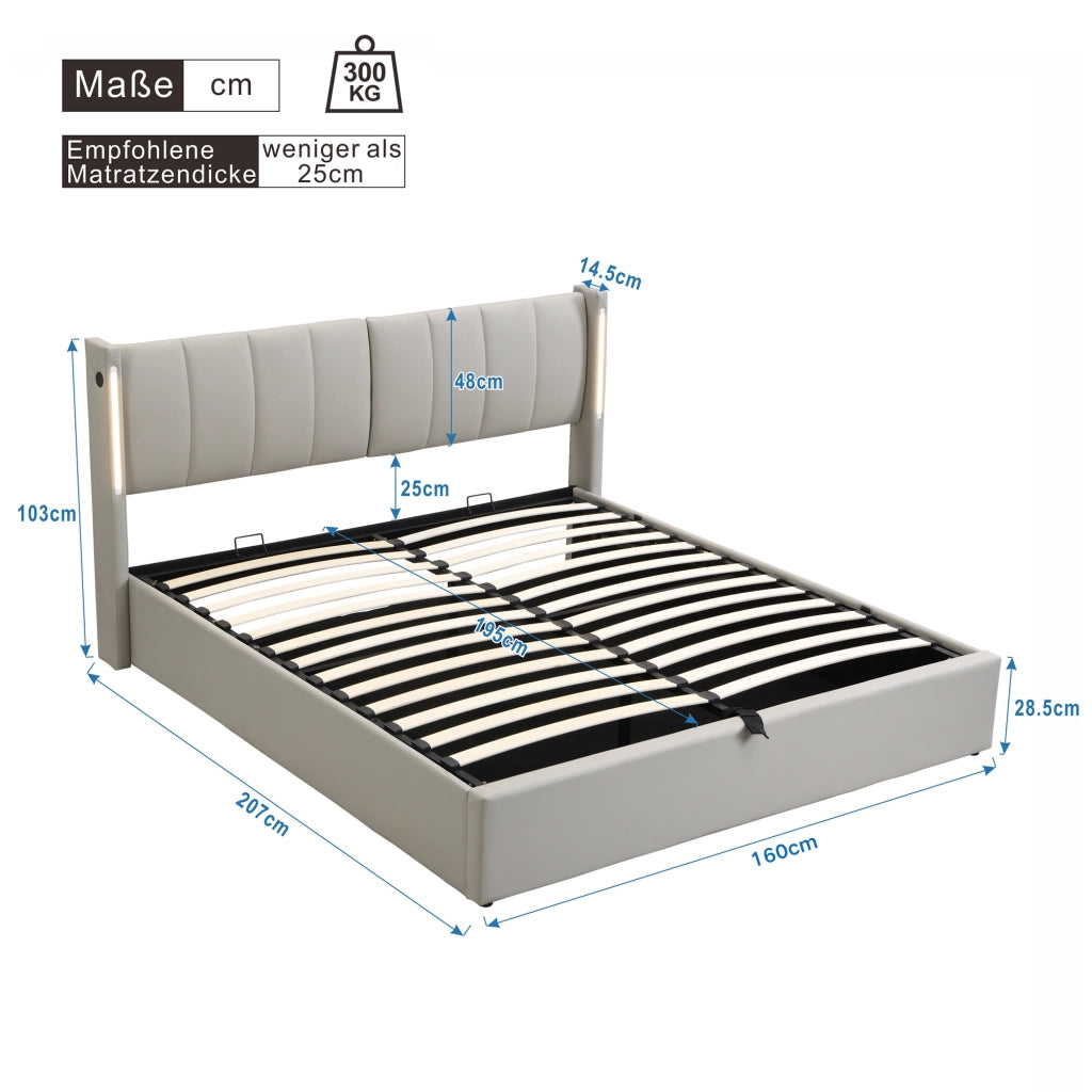 Letti contenitori 160x200 cm con USB e luci LED; PU; grigio (Senza materasso)