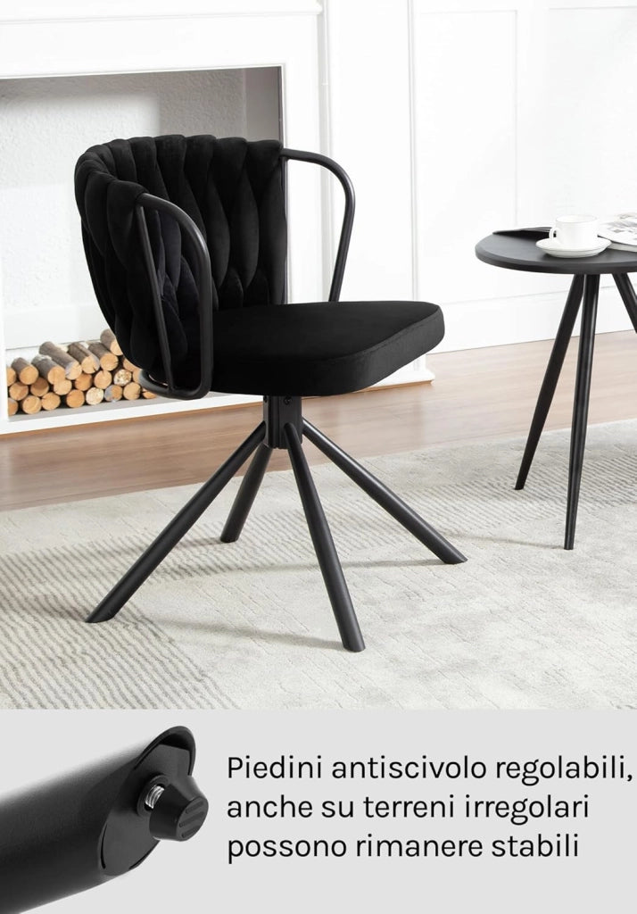 Sedia da Pranzo Girevole Set di 2, Poltrona Imbottita con Schienale Intrecciato e Gambe in Metallo, Sedia Scandinava, Velluto,Nero EZS72sz-2