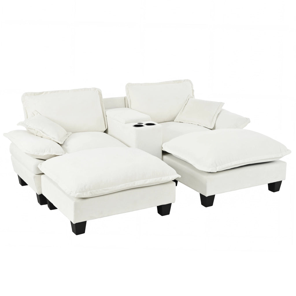 Divano modulare con contenitore; USB e portabicchieri con 2 pouf e 2 cuscini in chenille beige