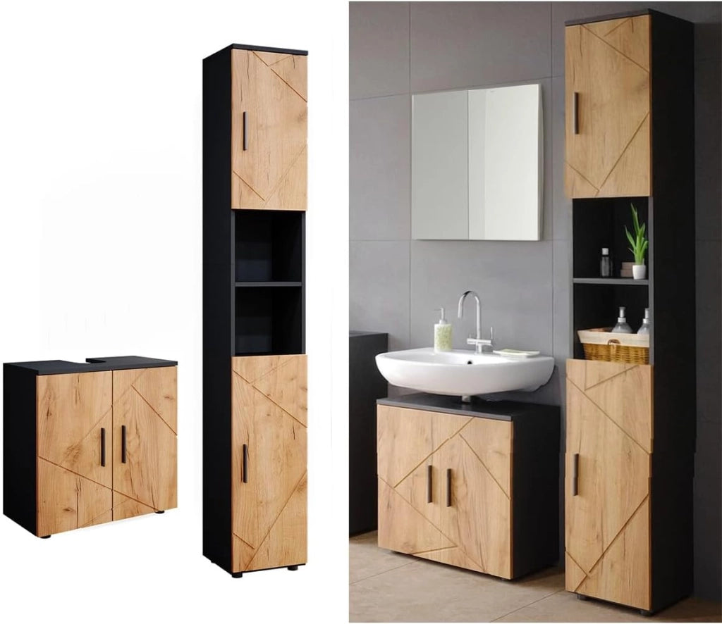 Set di mobili da bagno Irma, Quercia dorata/antracite, 2 parti, con colonna, composto da mobile sottolavabo e colonna alta