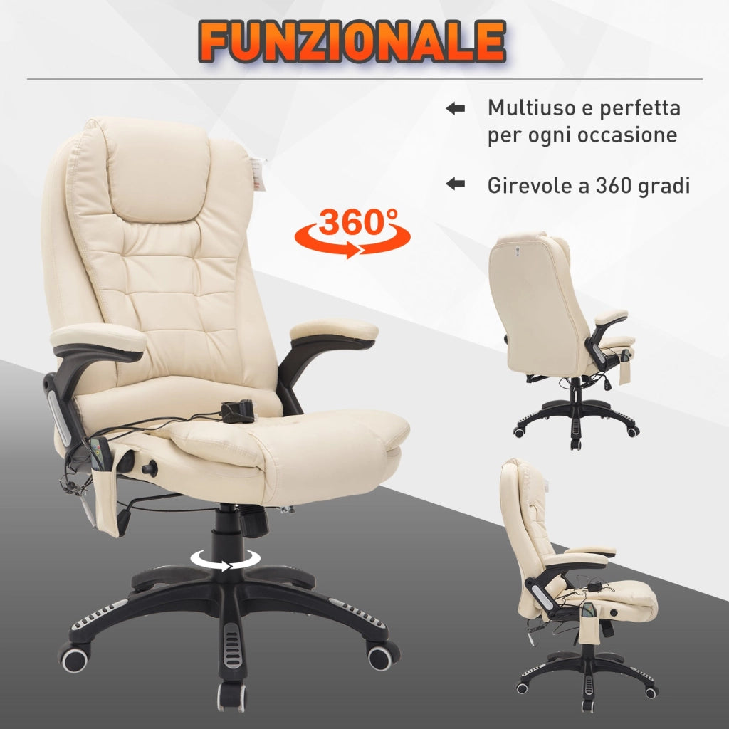 Sedia Poltrona Massaggiante da Ufficio 62x68x121 cm con Riscaldamento in Similpelle Beige
