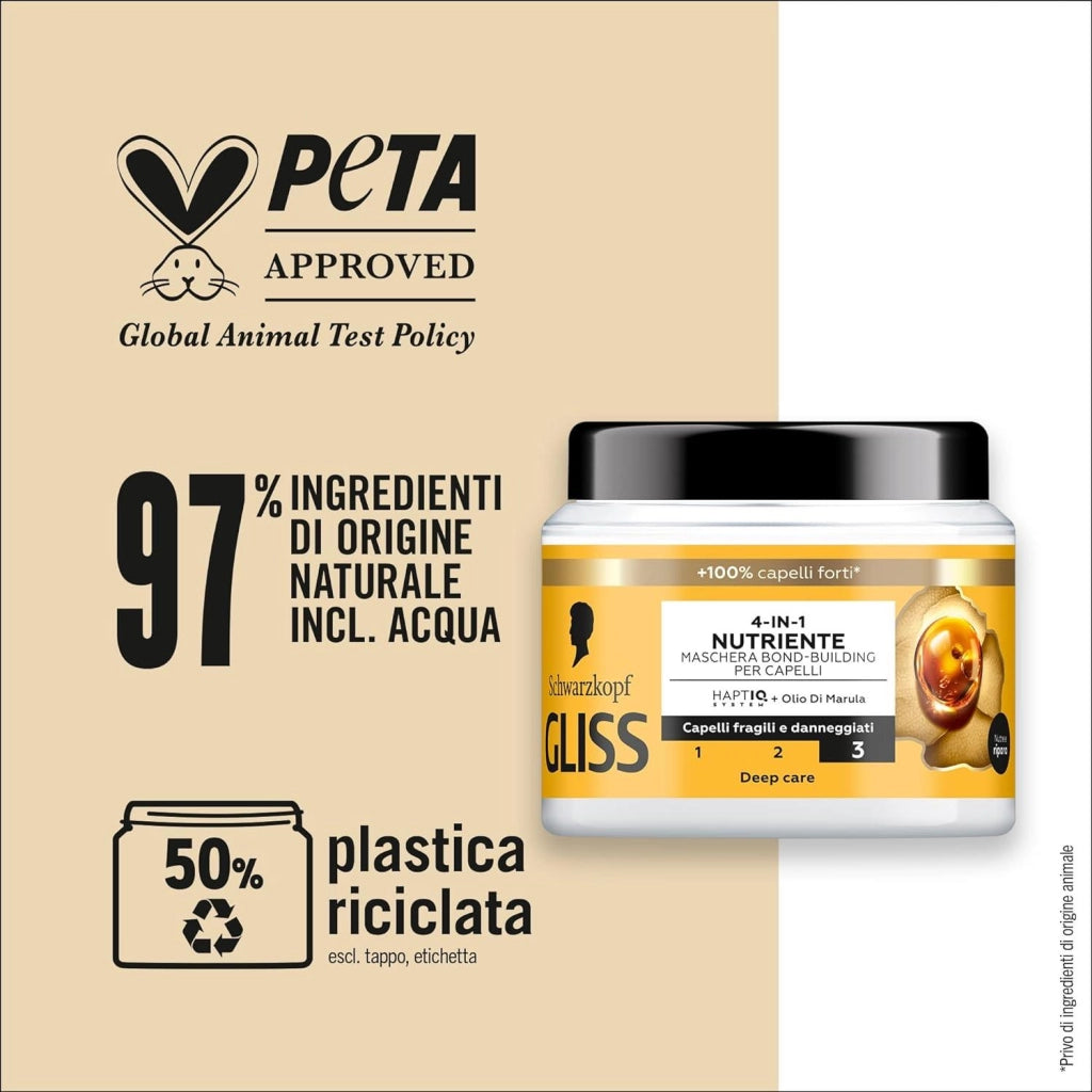 SCHWARZKOPF GLISS 4-IN-1 MASCHERA PER CAPELLI 400 ML OIL NUTRITIVE HAPTIQ SYSTEM + MARULA X CAPELLI FRAGILI E DANNEGGIATI