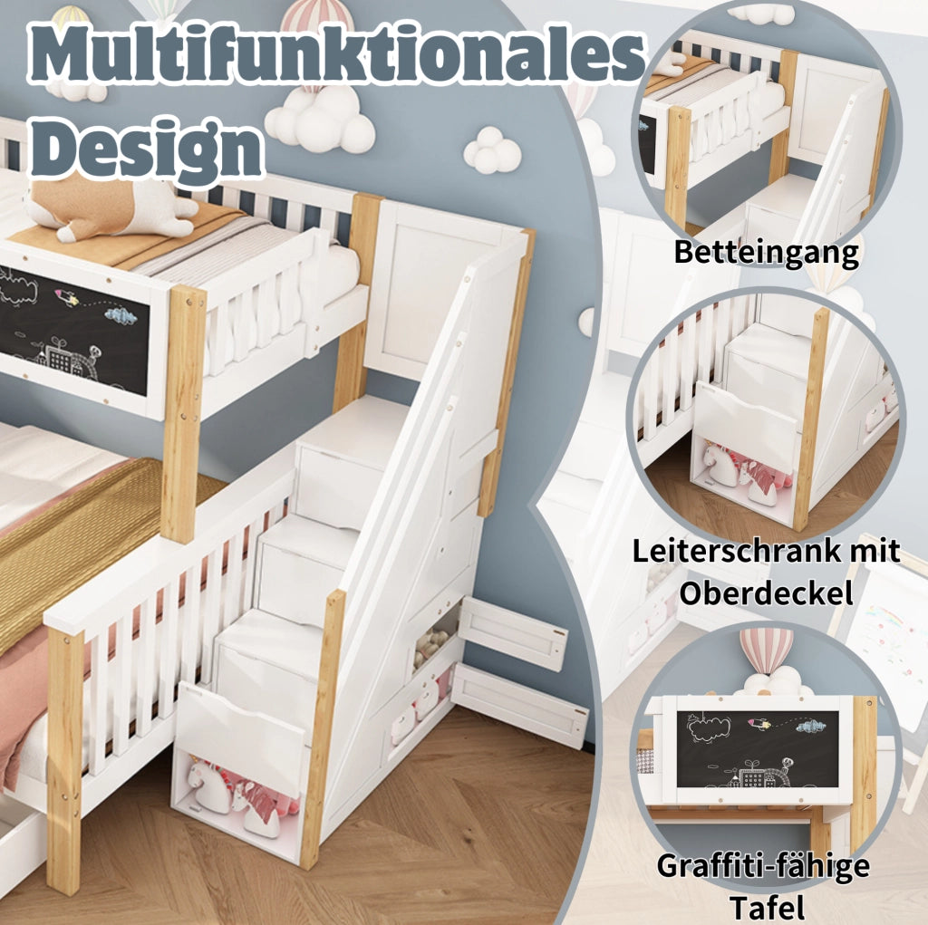 Lettino a castello per bambini con lavagna e cassetti; 90x200 cm; bianco e rovere chiaro