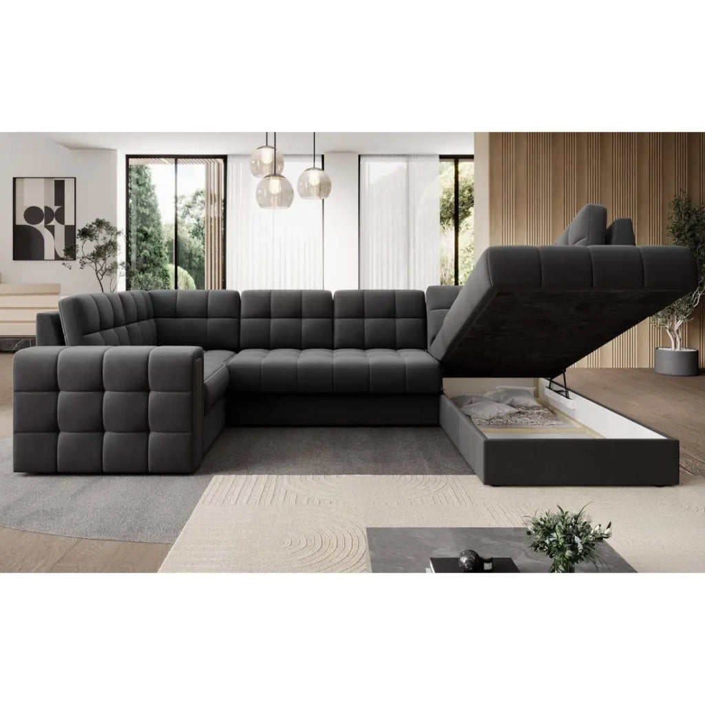 Divano angolare trasformabile MONTEZA grigio scuro 299 cm con contenitore e letto