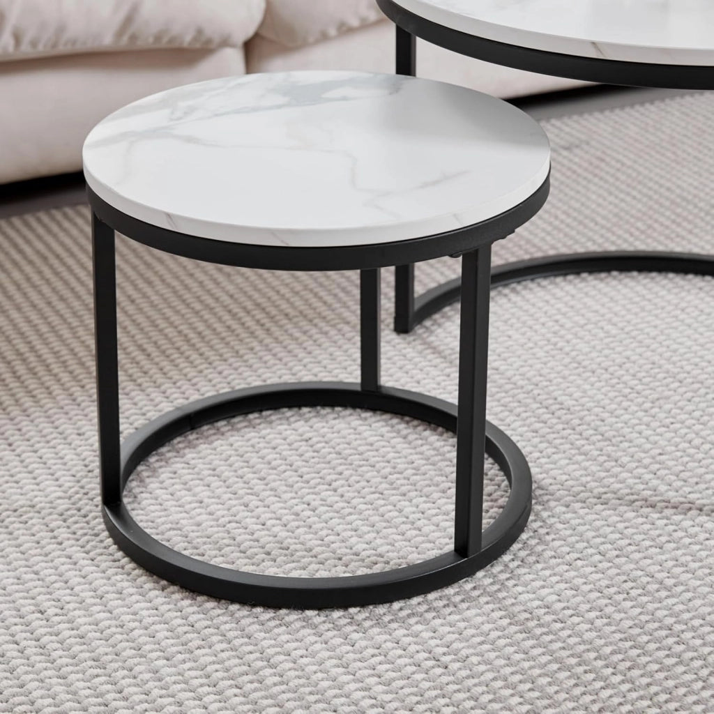 GrandCA HOME Set di 2 Tavolini Rotondi a Incastro con Piano in Finto Marmo, Tavolino da Caffè per Soggiorno, Bianco e Nero (60x60x45cm e 40x40x35cm)
