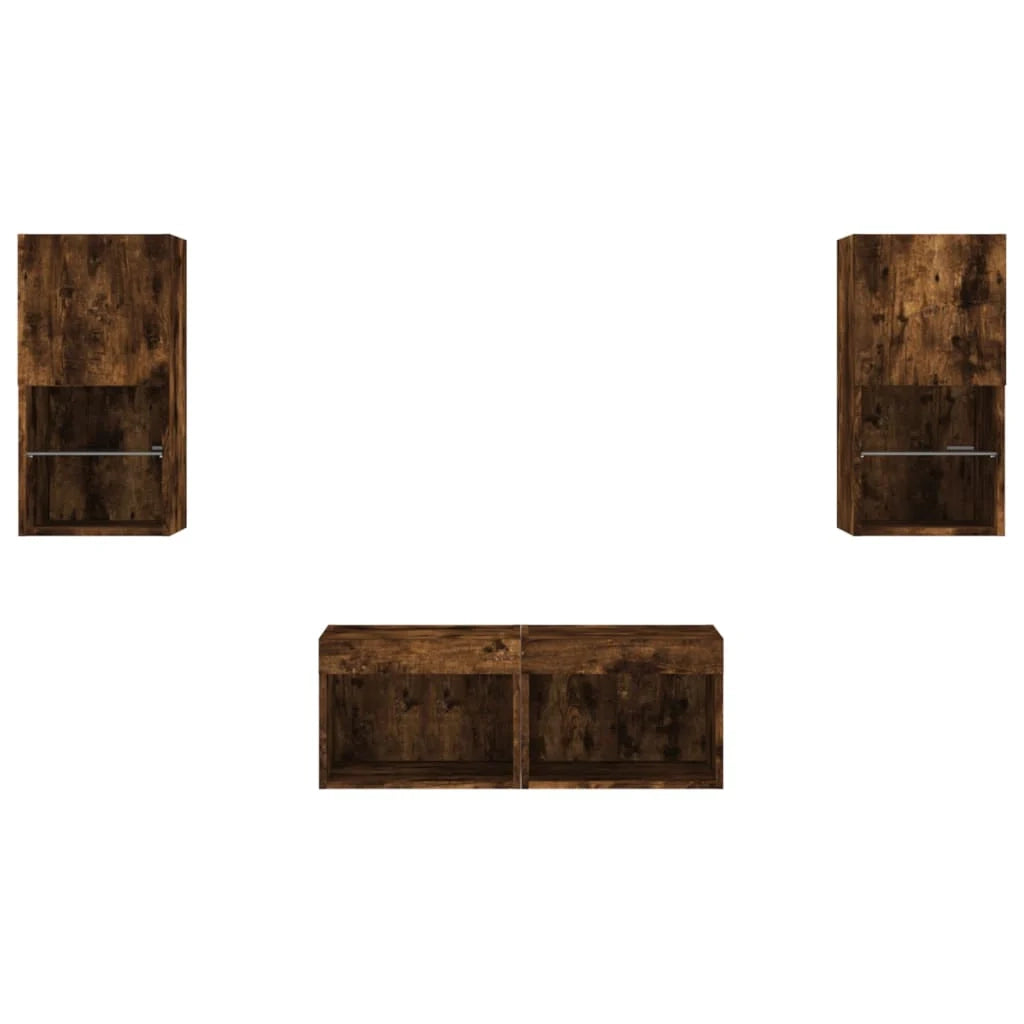 Mobile TV multimediale mensola TV credenza mobile TV sala da pranzo soggiorno camera da letto parete attrezzata x 4 pezzi con luci LED rovere affumicato marrone 02_0028219