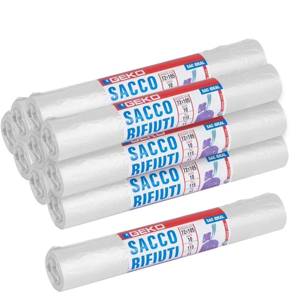 Trade Shop - Rotoli Sacchetti Buste Per Spazzatura 115lt 72x105 Chiusura Con Laccetto Bianco -