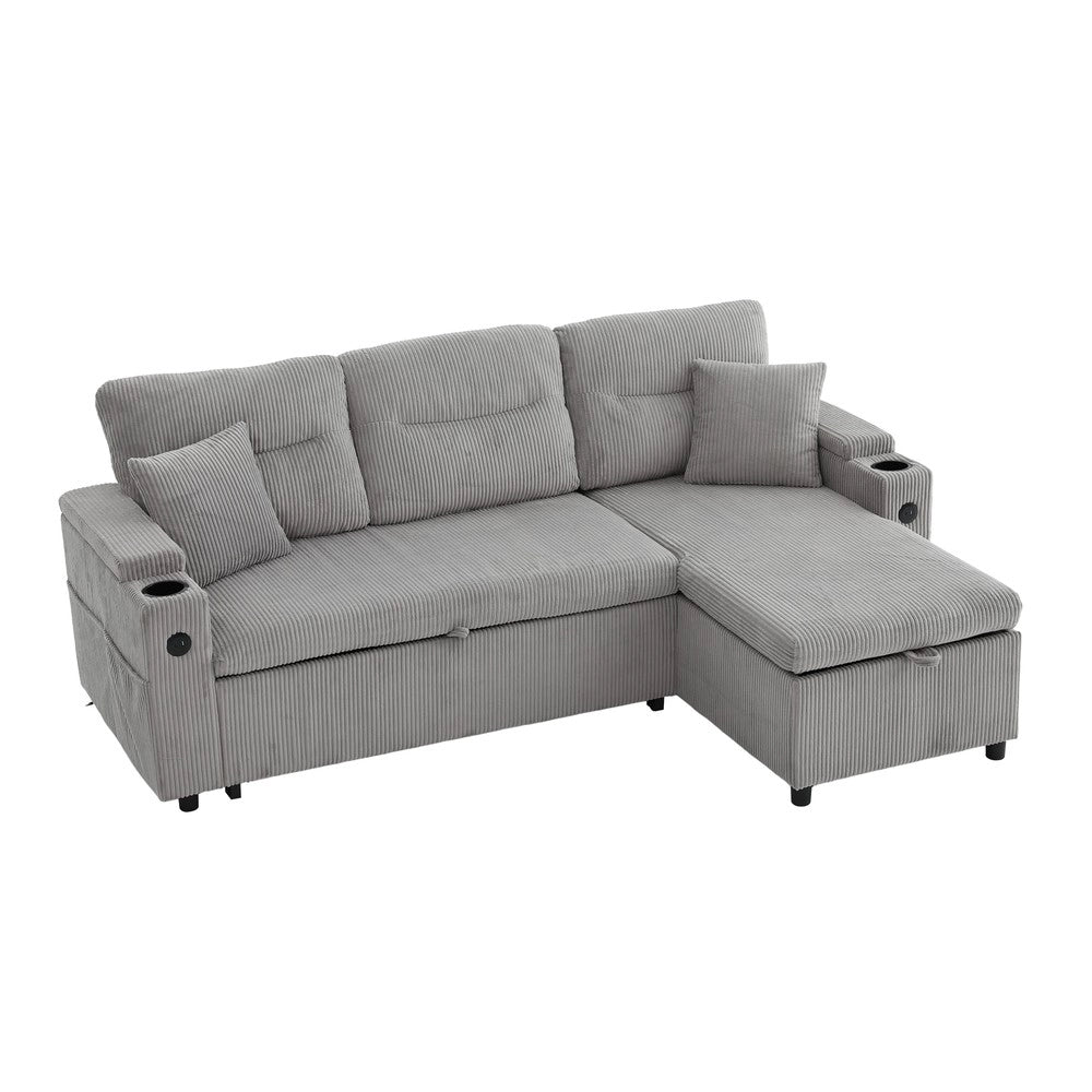 Divano 3 posti con contenitore e chaise longue ¨C Minimal ¨C Grigio corda, idraulico, con porta bevande e USB-C