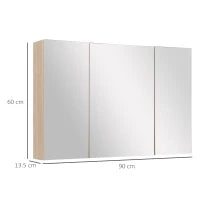 kleankin Specchio Bagno Contenitore con 3 Ante a Specchio Soft Close, Specchiera Bagno con Ripiani Regolabili in Legno e Vetro, 90x13.5x60 cm, Color Legno