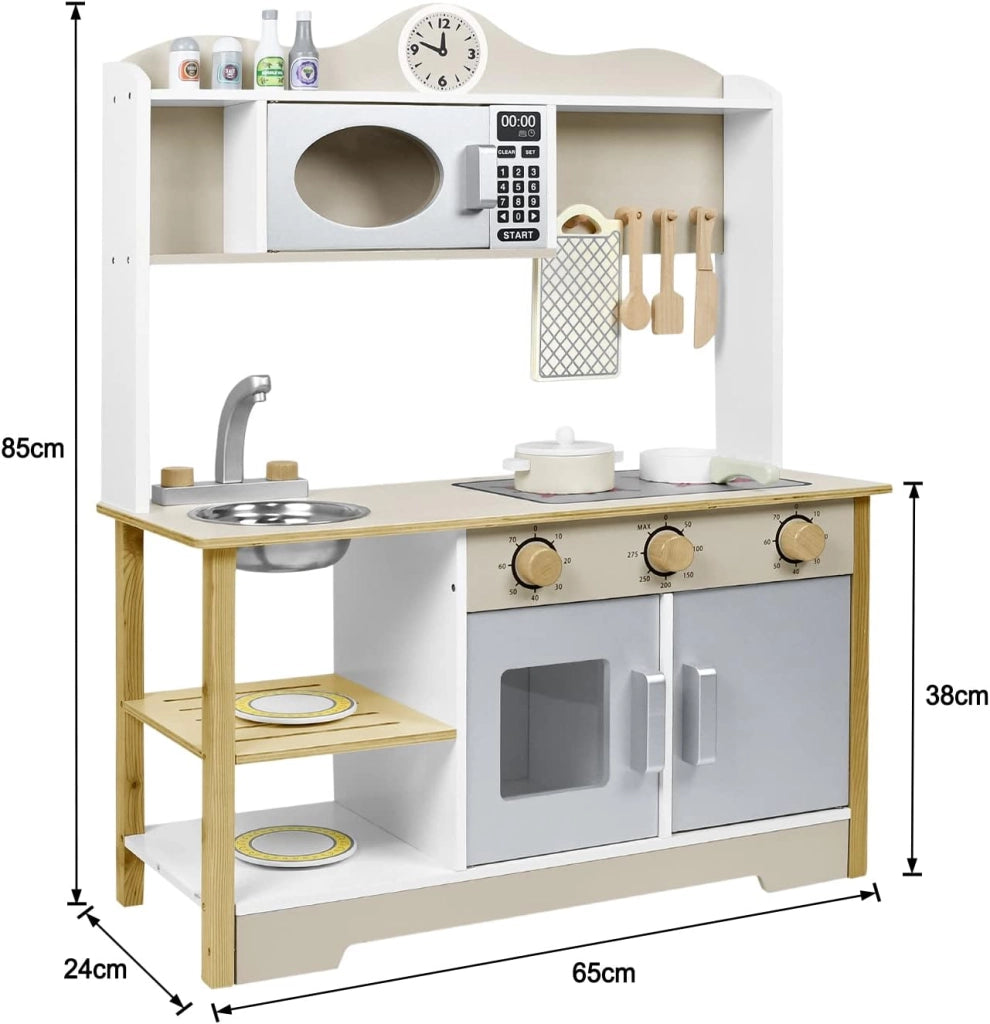Cucina giocattolo per bambini in legno con piano cottura, forno a microonde, rubinetto, lavandino e accessori da cucina, giocattolo per bambini a partire dai 3 anni, 65 x 24 x 85 cm