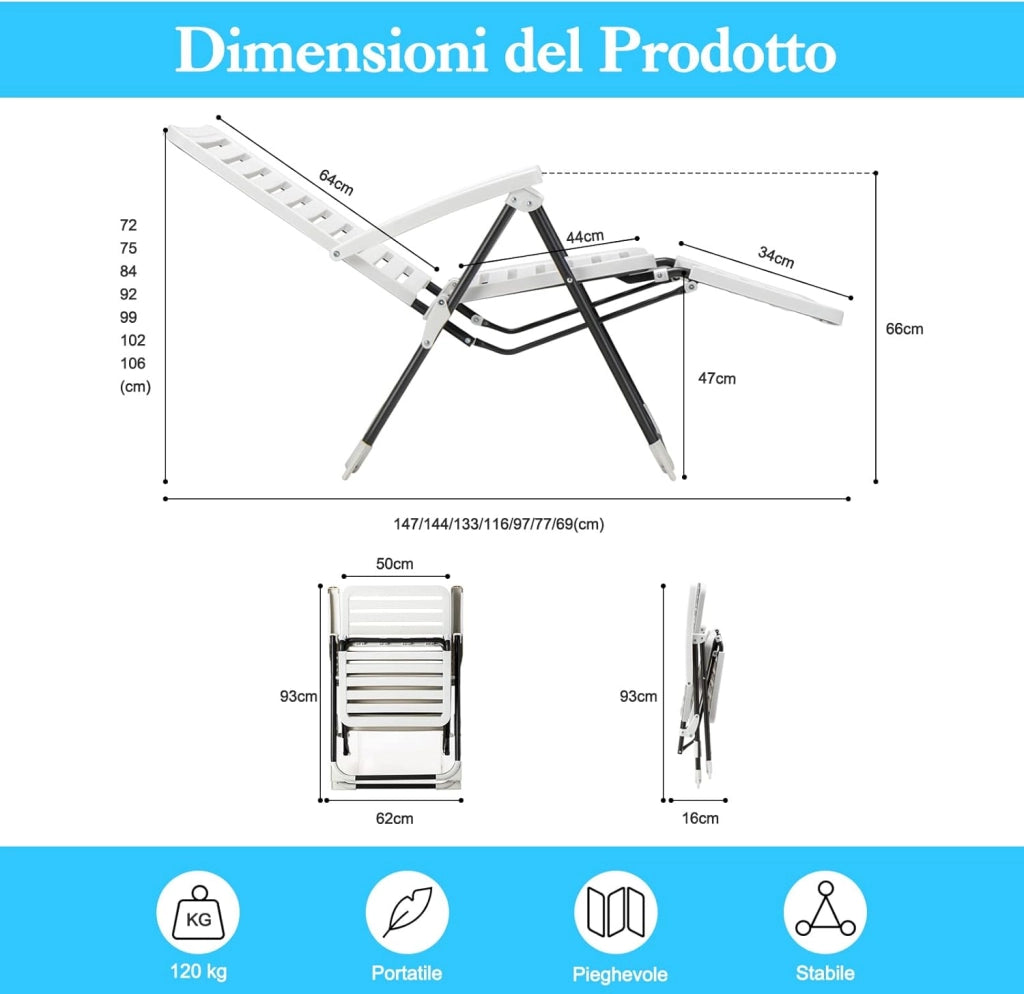 Sedia Pieghevole da Giardino, Sedia Reclinabile con Schienale Alto, Regolabile in 7 Posizioni, Poltrona Portatile in PP Resistente, per Esterno Terrazza Balcone (con Poggiapiedi, 2)