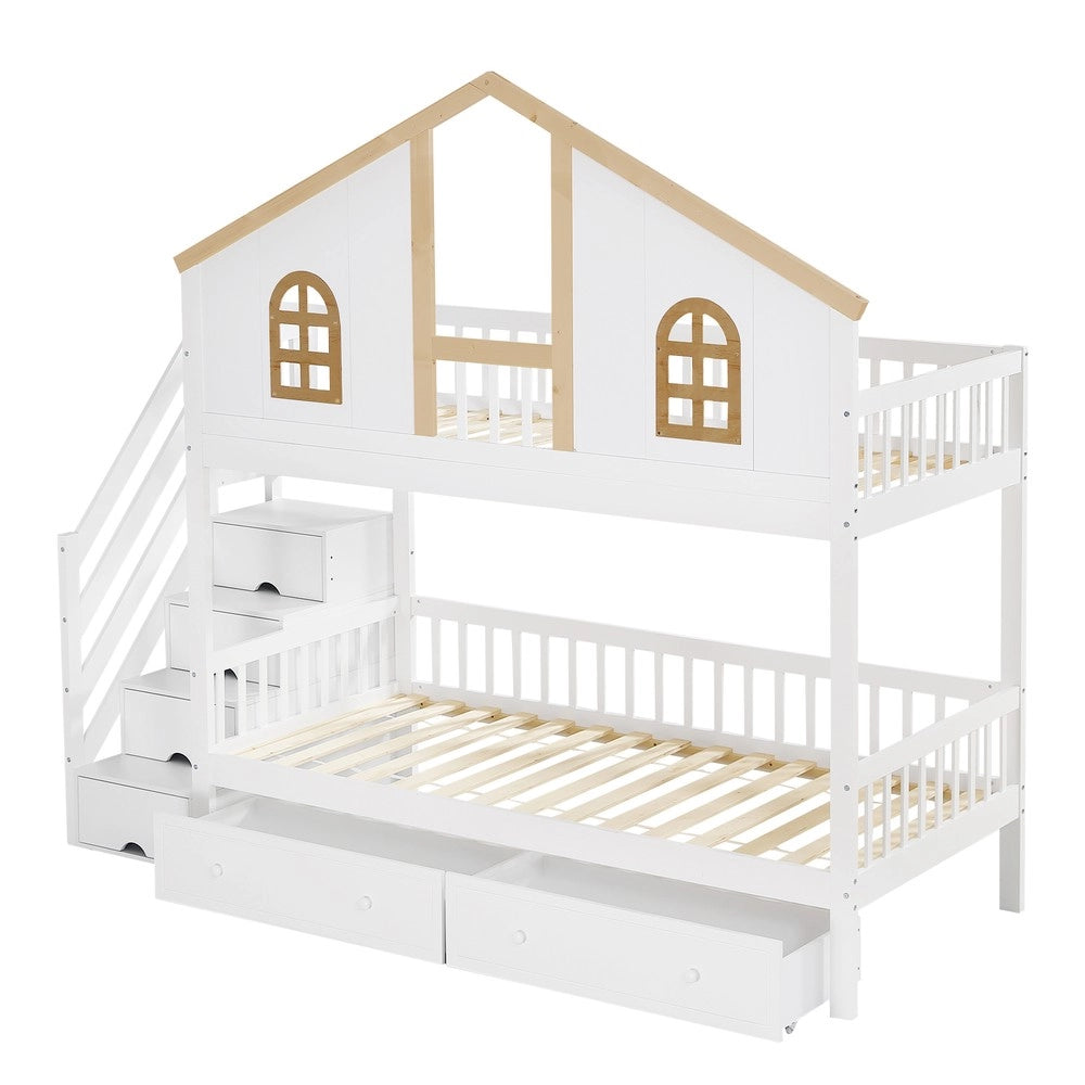 Letto a Castello per Bambini con Cassetti e Scala ¨C MINIMAL ¨C Pino/MDF, Bianco/Naturale, 90x200