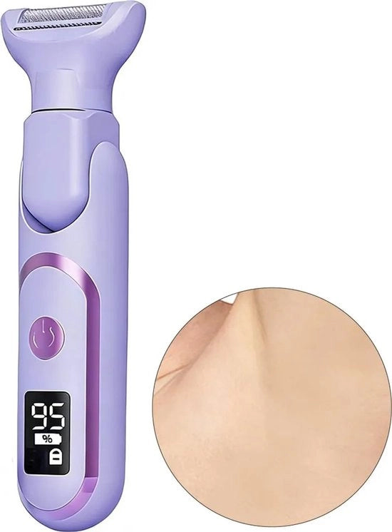 Contenitore di cura elettrico per donne, 5-in-1, ricarica USB-C, adatto per uso umido e secco, schermo LCD, 5 accessori per rispettivamente gambe, viso e sopracciglia.