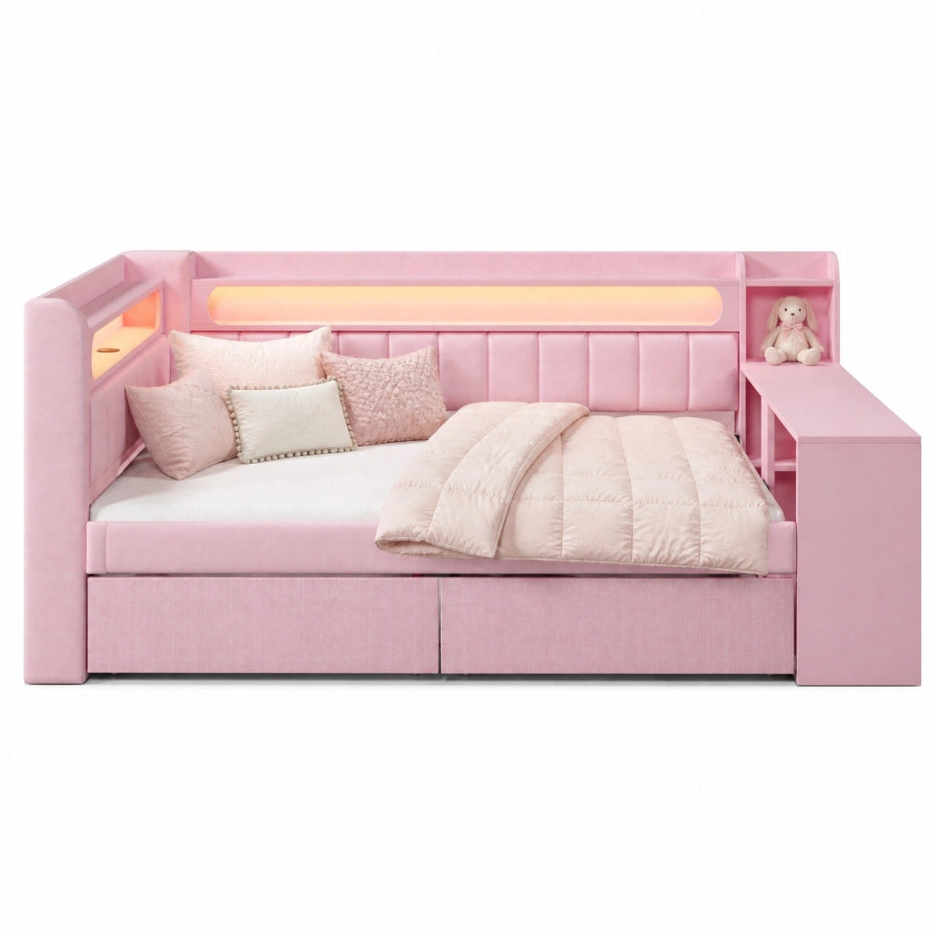 Letto daybed imbottito 140x200 cm rosa con LED, USB e scrivania